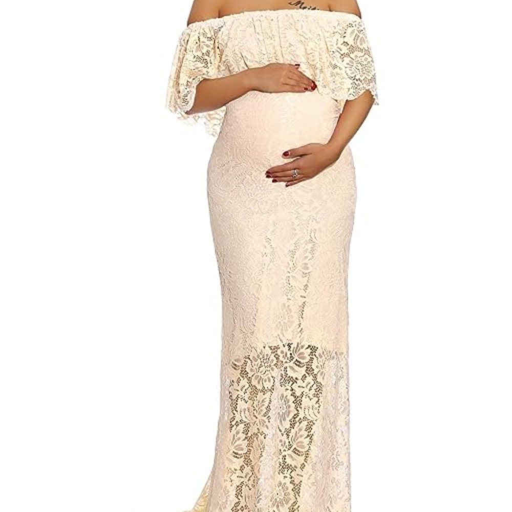 Women's Off Shoulder Ruffles Lace Maternity Gown Maxi Small